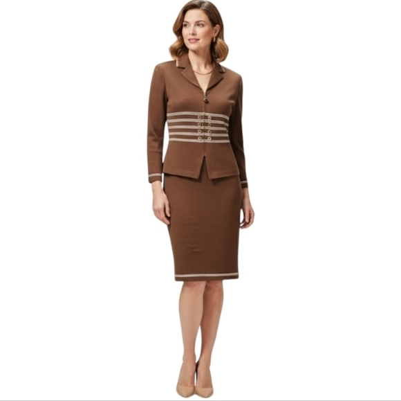 St. John Dresses & Skirts - St John Vintage Brown Women's Skirt Suit Set With Gold Detail